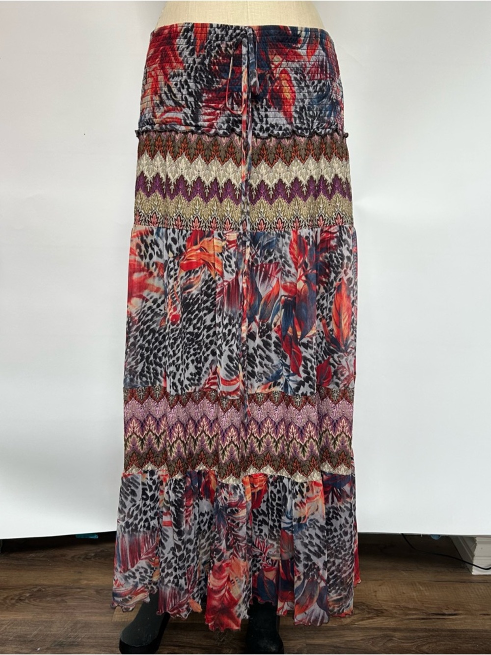 Lapis Red Multi Floral & Animal Print Tiered Maxi Skirt